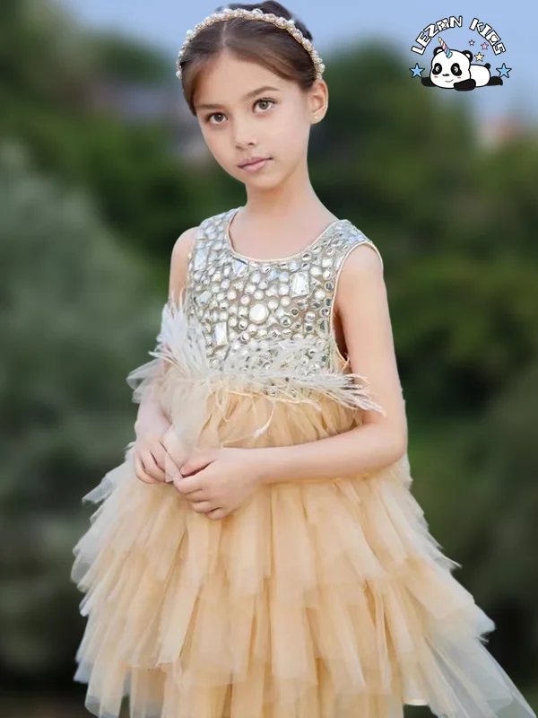 LEZONKIDS - 2024 New Fashion Summer Sleeveless Princess Cake Dress for Children Soft Feather Tutu Dress for 6 Year Olds